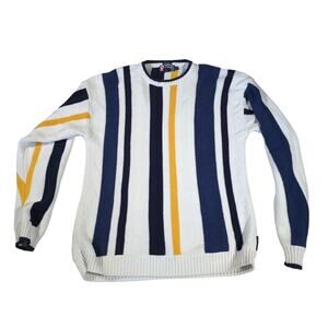 Vintage Chaps Ralph Lauren Striped Sweater Ribbed Knit White/Blue/Yellow Men L
